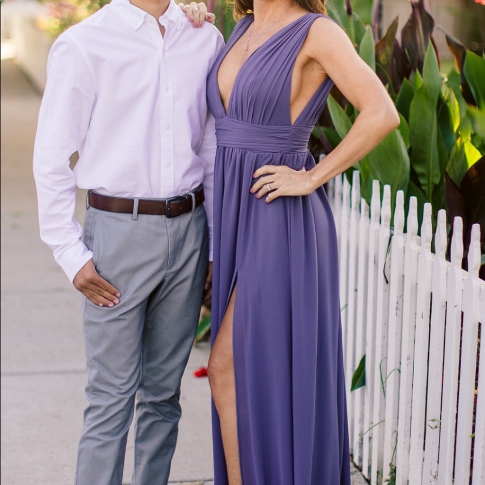 Beautiful Lulu’s lavender maxi dress with deep V and slit. Worn once.